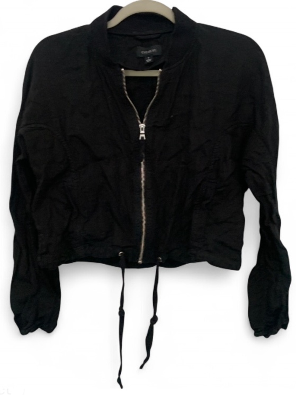 Evereve Black Cropped Linen Zip Up Jacket with Hem Drawcord